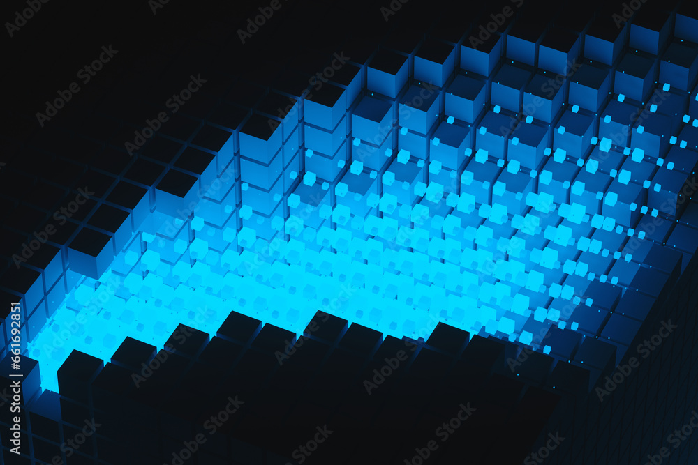 Poster abstract background of blue neon cyber cubes at night in the room. artificial intelligence pixels ab