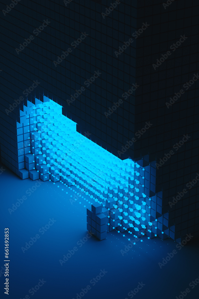 Aufkleber abstract background of blue neon cyber cubes at night in the room. artificial intelligence pixels ab