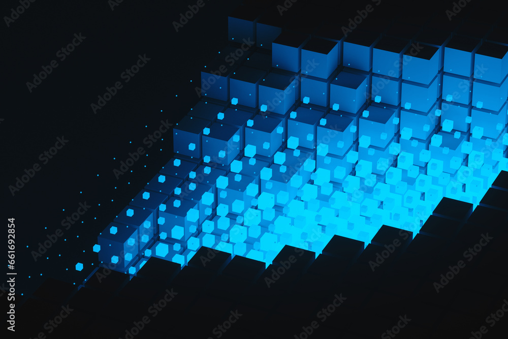 Poster abstract background of blue neon cyber cubes at night in the room. artificial intelligence pixels ab