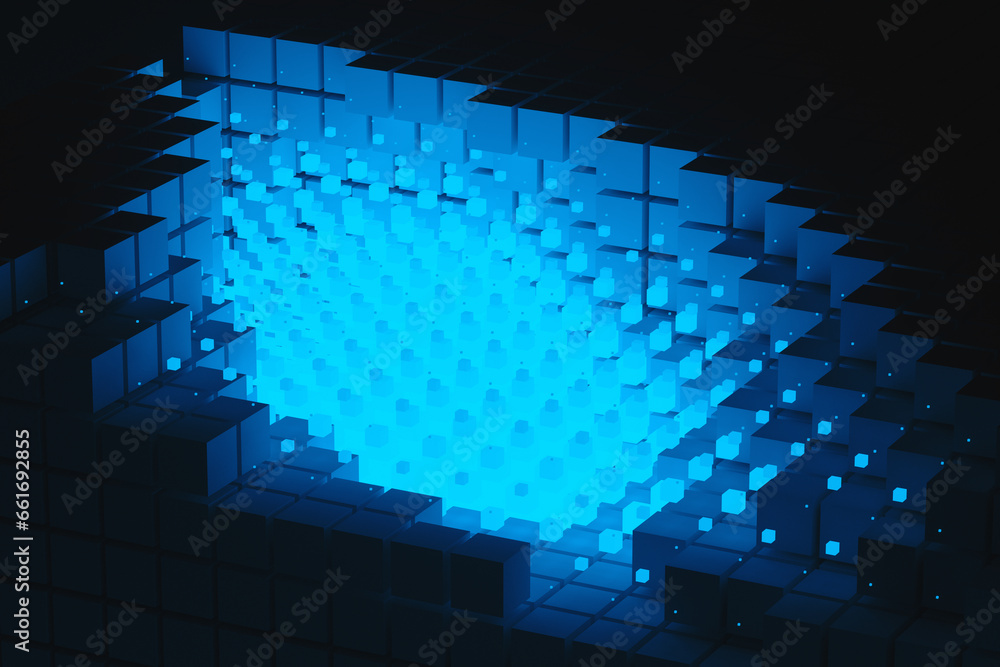 Poster abstract background of blue neon cyber cubes at night in the room. artificial intelligence pixels ab