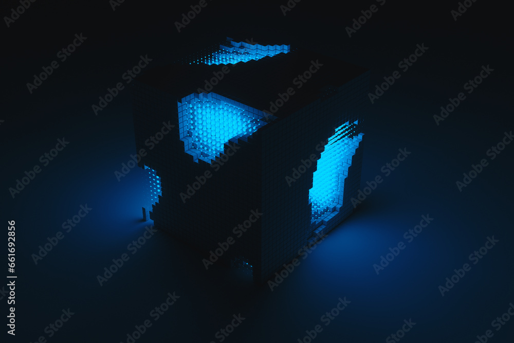 Aufkleber abstract background of blue neon cyber cubes at night in the room. artificial intelligence pixels ab