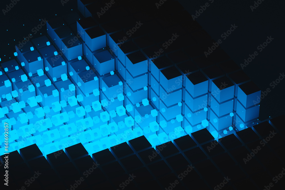 Poster abstract background of blue neon cyber cubes at night in the room. artificial intelligence pixels ab