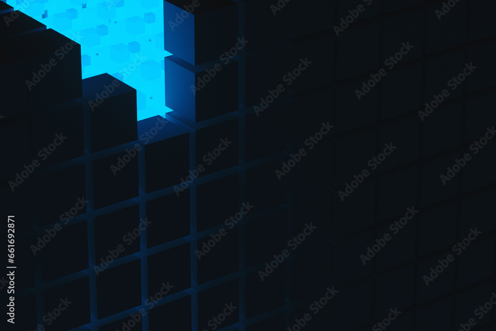Aufkleber abstract background of blue neon cyber cubes at night in the room. artificial intelligence pixels ab