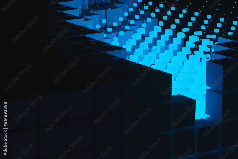Poster abstract background of blue neon cyber cubes at night in the room. artificial intelligence pixels ab