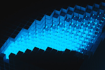 Fototapeta premium Abstract background of blue neon cyber cubes at night in the room. Artificial intelligence pixels abstract background. 3d rendering illustration.