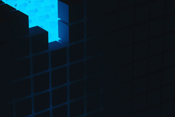 Abstract background of blue neon cyber cubes at night in the room. Artificial intelligence pixels abstract background. 3d rendering illustration.