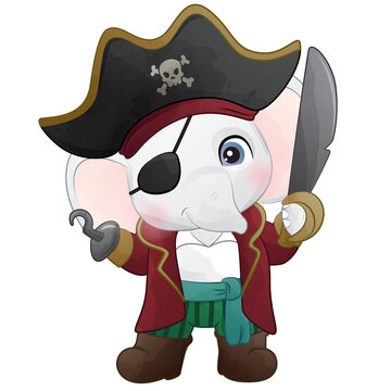 Cute pirate captain elephant with pirate knife watercolor illustration