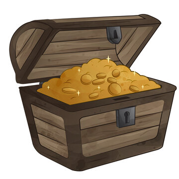 Cute pirate wooden treasure chest box with gold watercolor illustration