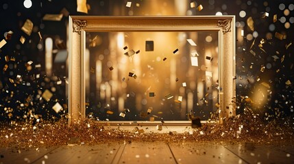 Luxury gold frame with balloon and confetti AI Generative