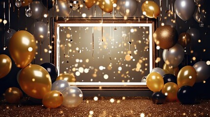 Obraz na płótnie Canvas Luxury gold frame with balloon and confetti AI Generative