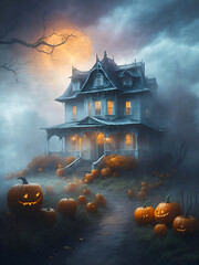 halloween house with pumpkins and bats in the fog - obrazy, fototapety, plakaty