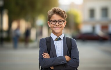 Smart confident schoolboy posing - obrazy, fototapety, plakaty