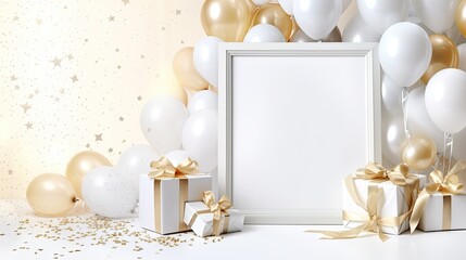 Fototapeta na wymiar Luxury white classic frame with gift box and balloon on the white background AI Generative
