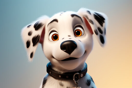 Dalmatian dog on a white background. Adorable 3D cartoon animal close-up portrait.