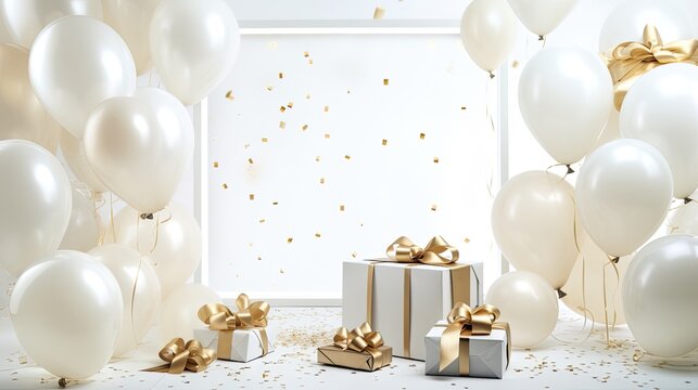 Luxury white classic frame with gift box and balloon on the white background AI Generative