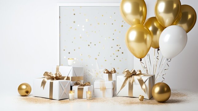 Luxury white classic frame with gift box and balloon on the white background AI Generative