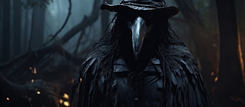 Terrifying Scarecrow sorcerer in a spooky forest with a raven on his gloved hand Halloween horror With copyspace for text