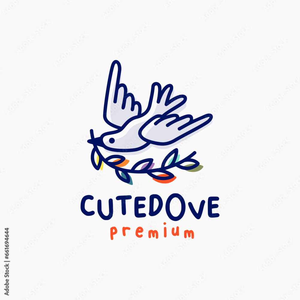 Wall mural quirky cute dove cartoon outline vector logo icon illustration