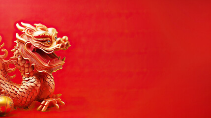 Fototapeta premium Dragon and red and gold paper flowers Chinese decoration background for 2024 lunar new year concept