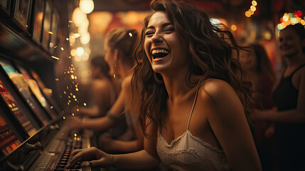 woman rejoice at winning on a slotmachine at the casino - obrazy, fototapety, plakaty