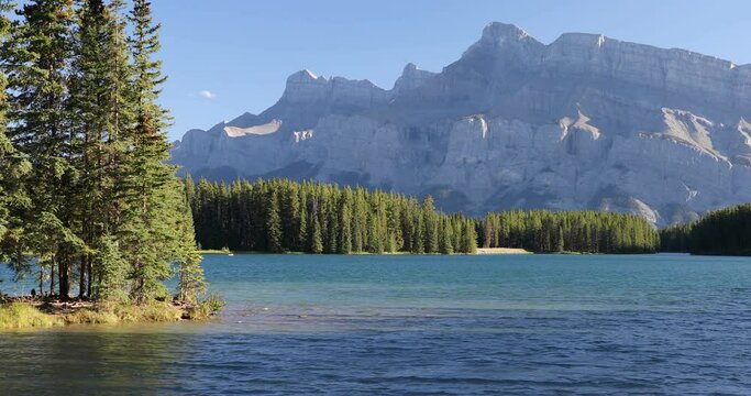 Beautiful view of Two Jake Lake in Banff National Park in Canada