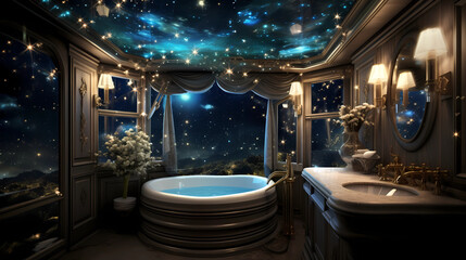 bathroom with a bright starry ceiling
