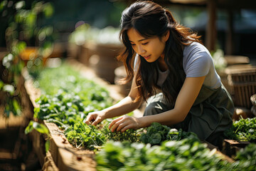 Asian woman harvesting fresh vegetable from farm