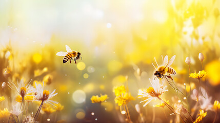Spring fields and wildflowers with bee swarming in the soft sunlight. Summer background with blurred bokeh light effect.