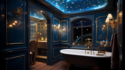 bathroom with a bright starry ceiling - obrazy, fototapety, plakaty