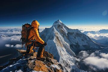 person climbing   on top everest mountain peak