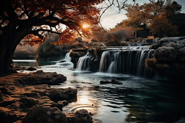 Scenic view of waterfall in Autum forest
