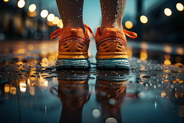 Athlete runner feet running on treadmill closeup on shoe - obrazy, fototapety, plakaty