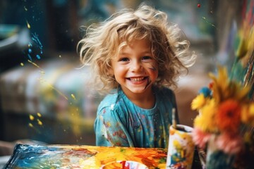 Portrait of cheerful kid girl painted in bright colors, Generative AI