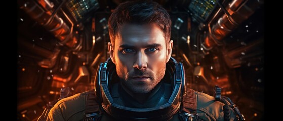 Fototapeta na wymiar Portrait of Caucasian male astronaut inside spaceship cockpit, Generative AI