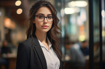 Obraz premium Confident businesswoman of European American origin, sporting stylish eyeglasses, stands before contemporary office backdrop, radiating intelligence confidence. Generative AI.