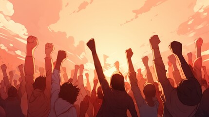 Fototapeta premium Arms raised in protest protestors fists raised up in the air, Generative AI
