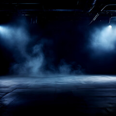 Dark stage shows, dark blue background, an empty dark scene, neon light, spotlights The stage floor and studio room with smoke float up the interior