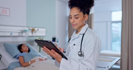 Happy woman, doctor and tablet in medical research, healthcare or Telehealth communication at hospital. Female person, nurse or surgeon on technology for networking, study or online search at clinic