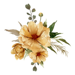 Watercolor flowers, golden flowe with green leaves illustration