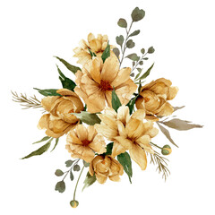 Watercolor floral illustration, watercolor painting, golden flowers with green leaves commposition.