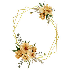 Watercolor flowers frame, golden flower with gold frame and green leaves illustration