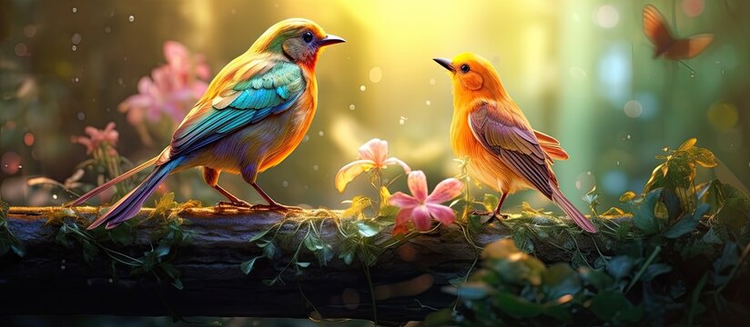 The bird and fairy converse near a magical source With copyspace for text