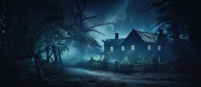 Spooky colonial cottage in a mysterious forest with a blue toned photo With copyspace for text