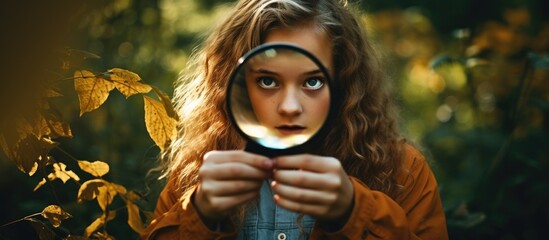 Teenage girl with magnifying glass examines nature aspiring ecologist or biologist - obrazy, fototapety, plakaty