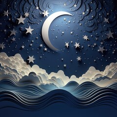 Moon and Stars at midnight. Modern origami paper art style. illustration, dark night sky