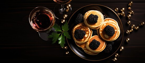 Top down view of mini pancakes champagne and black caviar With copyspace for text - obrazy, fototapety, plakaty