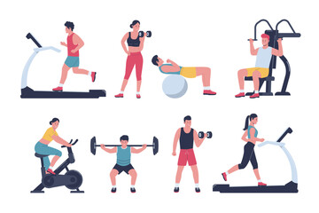 Obraz premium People at sport gym vector collection. Healthy fitness sports workout . Vector illustration collection set