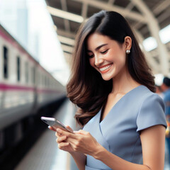 Female traveler uses smartphone while waiting for train at train station