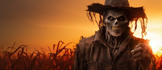 Sunrise photo of scarecrow in corn field With copyspace for text