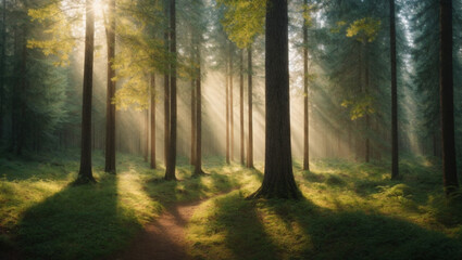 Panorama of a forest with the sunlight through the trees